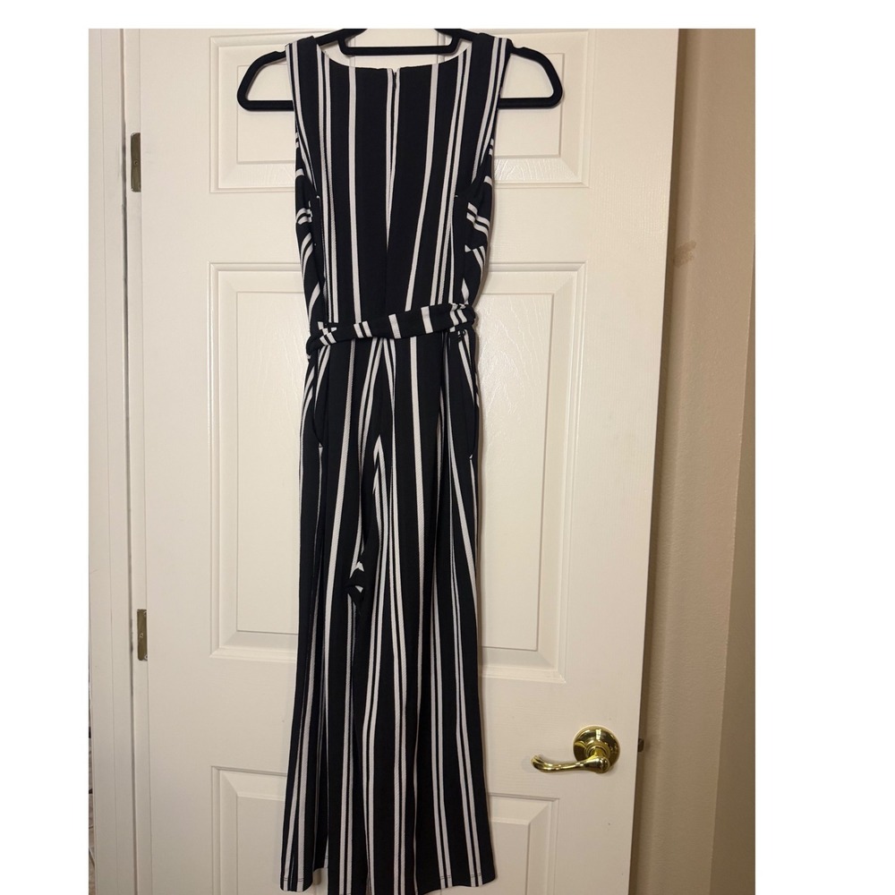 Ann Taylor Factory Black White Striped Wide Leg Jumpsuit Petite MP Tie Waist